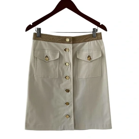 Tory Burch Light Tan A-Line Skirt with Goldtone Logo Buttons Size 6 - Picture 3 of 8